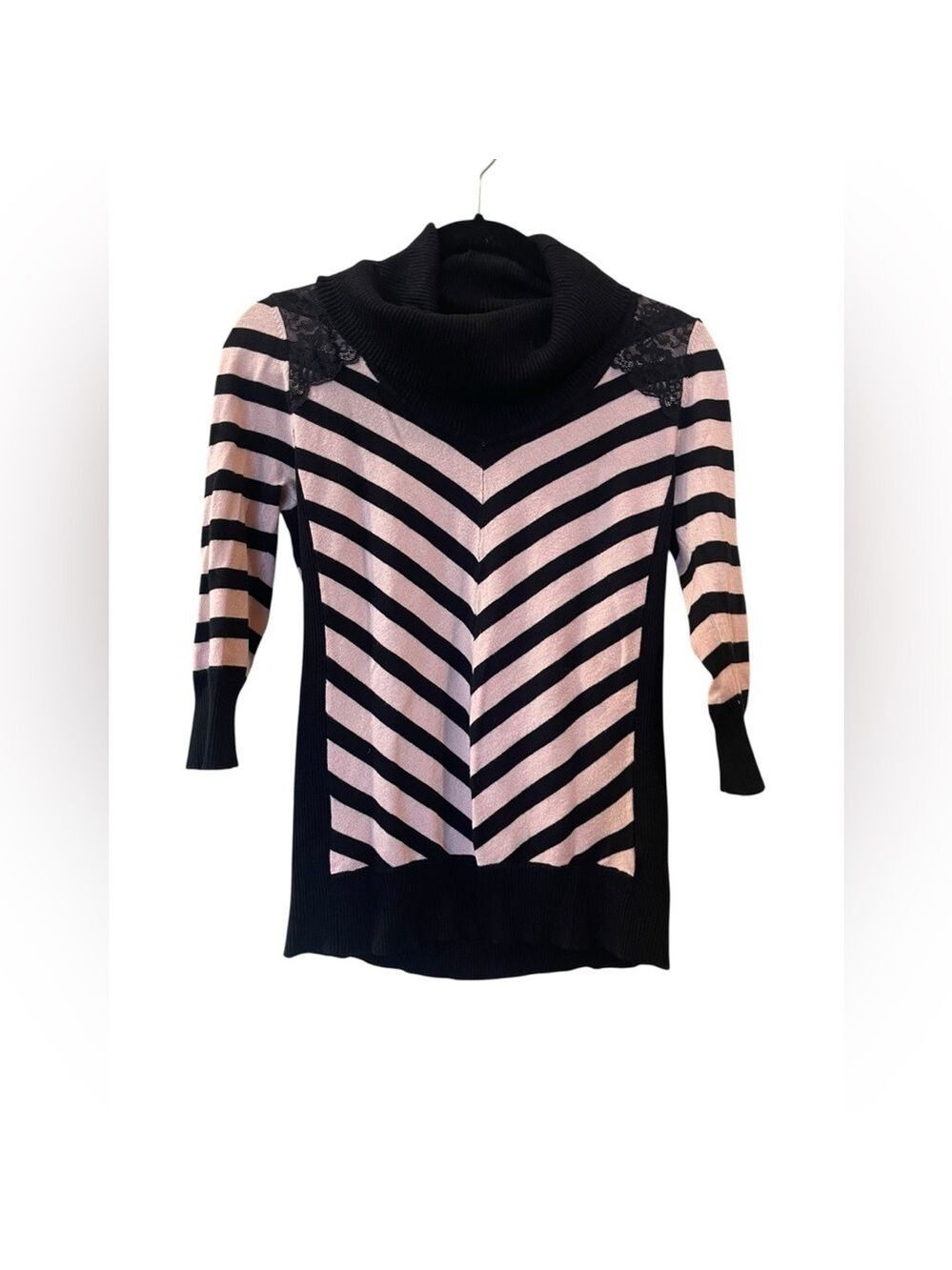 BCX Women's 3/4 Sleeve Black And Pink Striped Cowl Neck Sweater Size: Large